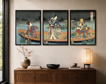 Utagawa Kunisada Night Boat Triptych, Japanese Ukiyo-e Art Print Set of 3