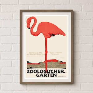 Vintage Flamingo Zoo-affisch, reklam för Berlins zoologiska trädgård, djurtryck i jugendstil, retro tysk resekonst