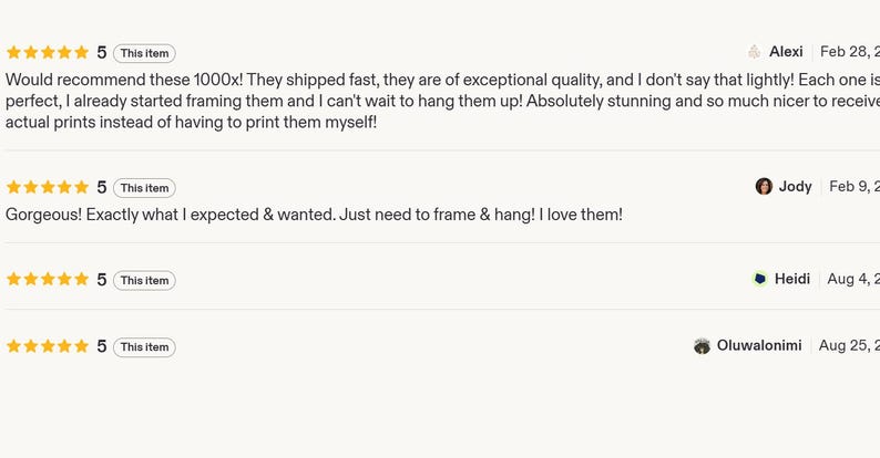 May include: Screenshot of Etsy product reviews. Each review has a 5-star rating and includes customer comments. The reviews are from different users and include the date of the review.