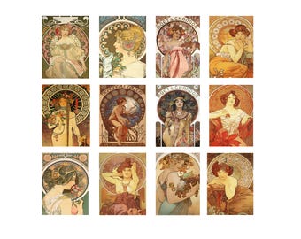 Juego de postales de Alphonse Mucha, láminas de mujeres Art Nouveau, reproducción de arte vintage
