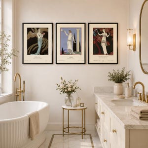 George Barbier print set featuring three elegant Gazette du Bon Ton Art Deco fashion illustrations in a vintage French style.