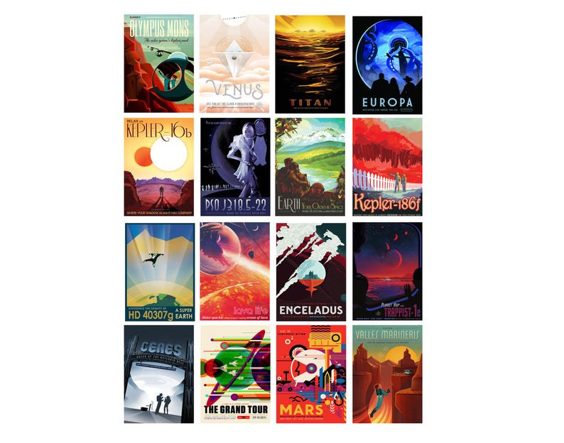 Set of 16 futuristic NASA postcards featuring planets, exoplanets, and modern sci-fi space travel posters