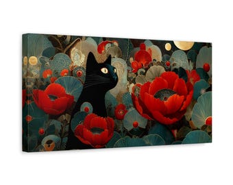 Cuadro enmarcado de gato negro y amapola roja, estilo Art Nouveau vintage, decoración floral.