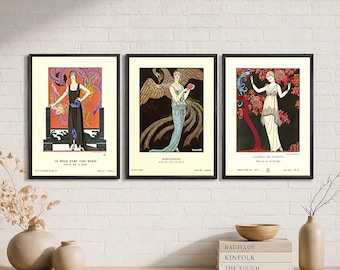 Zestaw 3 grafik George'a Barbiera, plakaty modowe w stylu art déco, ilustracje francuskiej haute couture, sztuka ścienna w stylu vintage