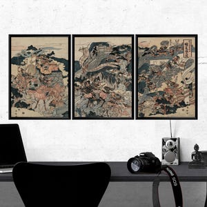 Samurai Battle Ukiyo-e Triptych, Katsukawa Shunko Japanese Woodblock Prints, Edo Period Warrior Art Posters, Vintage Wall Decor, Gift Idea