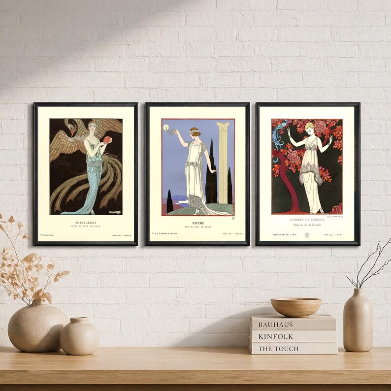 George Barbier print set featuring three elegant Gazette du Bon Ton Art Deco fashion illustrations in a vintage French style.