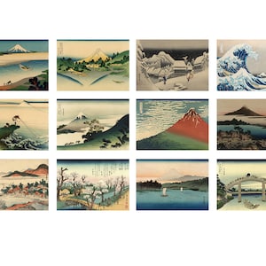 Postales japonesas antiguas: conjunto de 12 láminas artísticas: paisajes japoneses antiguos, diseños inspirados en Hokusai e Hiroshige