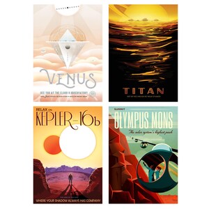 Modern space postcards of Titan, Venus, Olympus Mons, and Kepler-16b featuring futuristic travel concepts