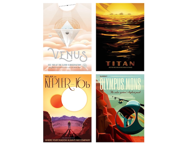 Modern space postcards of Titan, Venus, Olympus Mons, and Kepler-16b featuring futuristic travel concepts
