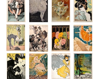 Juego de 12 postales de teatro y ballet, ilustraciones de estilo modernista.