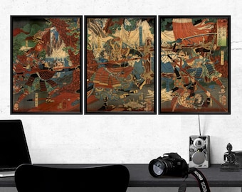 Samurai Wall Art Triptych, Tsukioka Yoshitoshi Ukiyo-e Print Set, Japanese Warrior Battle, Okehazama Decor