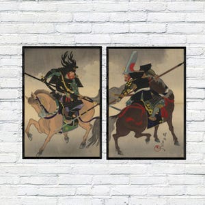Japanese Warriors Battle Poster Set, Vintage Samurai Art Diptych, Horsemen Battle Scene Prints, Set of 2 Wall Decor, Unique Gift for Him