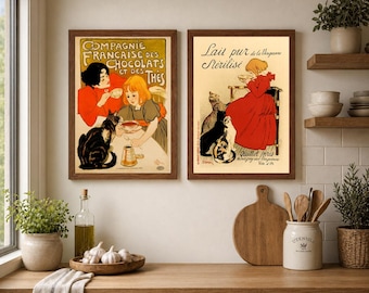French Vintage Poster Set of 2, Théophile Steinlen Cat Prints, Antique Advertising Art, Paris Kitchen Wall Decor