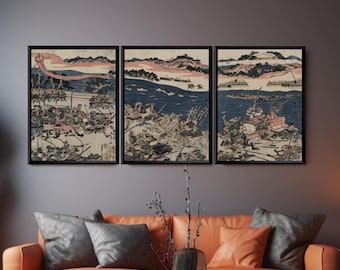 Impresiones de trípticos de batalla samurai, conjunto de arte de pared japonés Ukiyo E, cartel de Katsukawa Shunchi, decoración de guerrero vintage, obras de arte históricas de Japón
