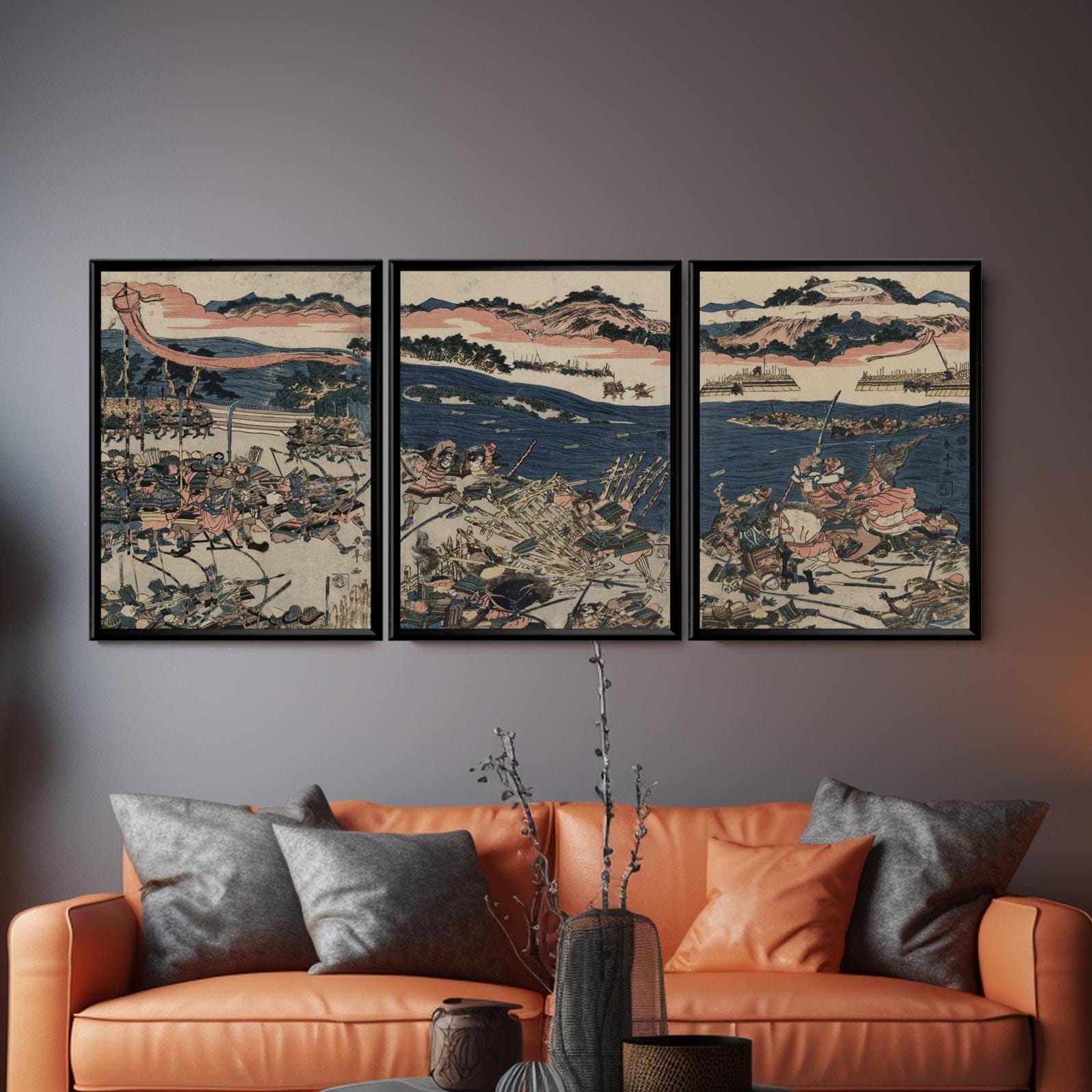 Samurai Battle Triptych Prints, Japanese Ukiyo E Wall Art Set ...