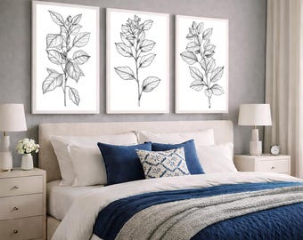 Juego de 3 impresiones de arte mural botánico en blanco y negro, líneas minimalistas de ramas frondosas, decoración escandinava imprimible.