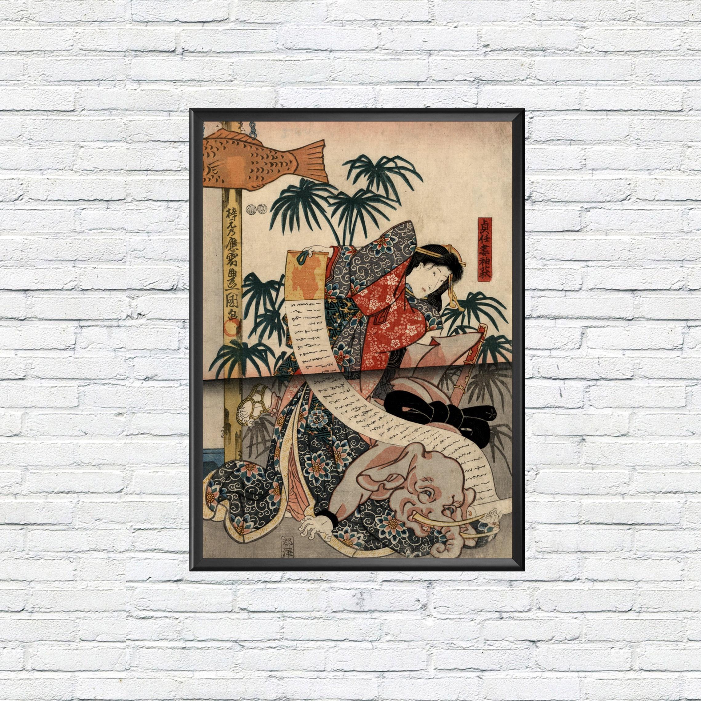 Estampe Ukiyo-e Japonaise Antique - Triptyque Samouraï Avec Katana Par Toyokuni - Gravure Sur Bois Originale