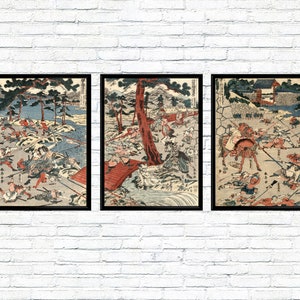 Samurai Krieger Kampf Triptychon, Katsukawa Shunchi Kunstdruck, Vintage Japanischer Holzschnitt, Kriegerszene, Traditionelles Dekor, Geschenk für Ihn