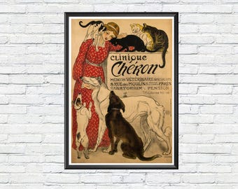 Clinique Chéron Veterinary Poster Steinlen Art Nouveau Cat Dog Print French Vintage Advertising Wall Art