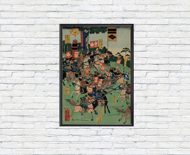 Battle Scene of the Kawanakajima War, Vintage Japanese Diptych, Samurai