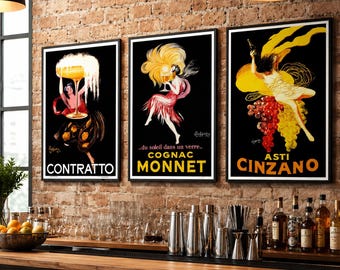 Art Deco Drink Prints Set, Vintage Italian Bar Decor, Leonetto Cappiello Posters, Retro Kitchen Wall Art
