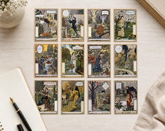 Vintage French Calendar Prints Postcard Set, 12 Art Nouveau Monthly Prints, Decorative Wall Art, Vintage Postcard Collection, Gift for Her