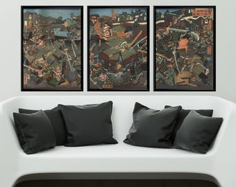 Tríptico de batalla samurái, láminas Ukiyo-e de Utagawa Kunitsuna, arte mural de guerreros japoneses, conjunto de pósteres vintage de Japón.