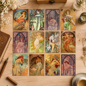 Lot de 12 cartes postales Alphonse Mucha, estampes vintage Art nouveau, cartes d'art décoratives pour femme, cadeau de papeterie illustration florale