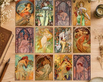 Juego de 12 postales de Alphonse Mucha, láminas vintage Art Nouveau, tarjetas decorativas con ilustraciones femeninas, papelería con ilustraciones florales.
