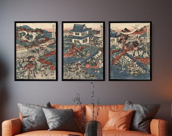 Tríptico de batalla samurái de Katsukawa Shunchi: Guerreros defendiendo un castillo (juego de 3 impresiones ukiyo-e), carteles de arte japonés vintage