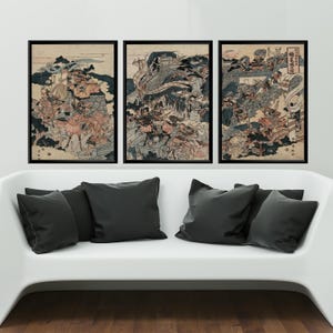 Bitwa samurajska Ukiyo e tryptyk, zestaw nadruków Tsukioka Yoshitoshi, plakaty artystyczne japońskiego wojownika, wystrój Vintage Samurai