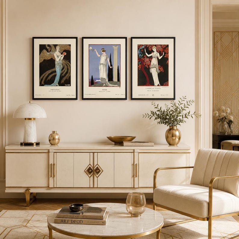 George Barbier print set featuring three elegant Gazette du Bon Ton Art Deco fashion illustrations in a vintage French style.
