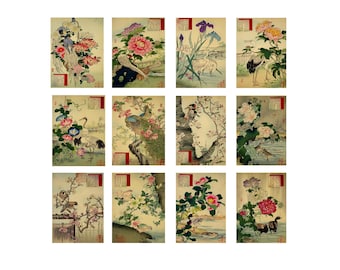Japanese Bird Flower Postcards, Vintage Kono Bairei Prints Set of 12