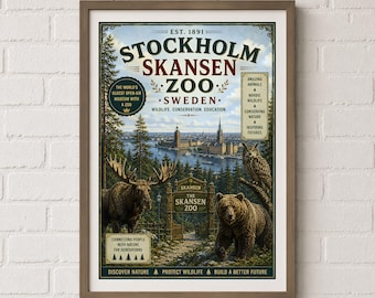 Stockholm Skansen Zoo Poster, Sweden Travel Wall Art, Nordic Wildlife Print, Vintage Style Decor