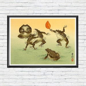Frogs Wrestling Poster, Reproduction of Ohara Koson Japanese Woodblock Print, Funny Animal Art, Vintage Ukiyo-e Wall Decor, Gift Idea