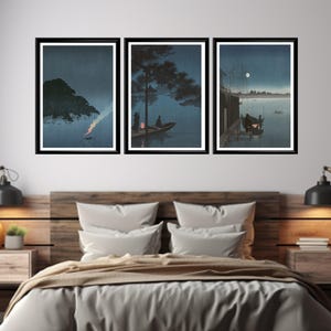 Set di stampe murali giapponesi al chiaro di luna, trittico di paesaggi notturni blu, poster vintage di mare sereno, arredamento rilassante per camera da letto o soggiorno