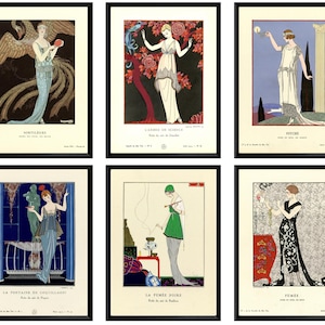Set di 6 stampe Art Déco di George Barbier, stampe murali di moda anni '20, illustrazioni francesi d'epoca, poster eleganti per l'arredamento di boutique o camere da letto