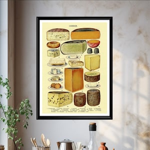 Käse Plakat Vintage Küchen-Kunstdruck Lernkulinarkarte für Cafe, Weinbar, Dekoration oder Geschenk für Essensliebhaber