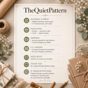 May include: A product information sheet with the text "TheQuietPattern" at the top. The sheet lists material and print details, packaging options, and contact information. The sheet is surrounded by decorative elements.