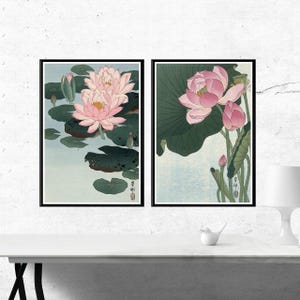Pink Lotus Flowers Japanese Art Prints, Antique Ohara Koson Poster Set of 2, Vintage Botanical Wall Decor, Asian Floral Artwork, Gift Idea