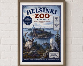 Helsinki Zoo Poster, Finland Travel Wall Art, Reindeer Snowy Owl Print, Nordic Wildlife Decor