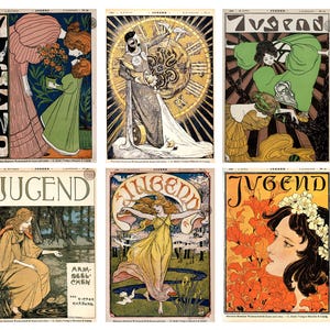 Set of 12 Jugendstil postcards featuring reprints of Art Nouveau illustrations and Jugend magazine covers, ideal for decor or gifting