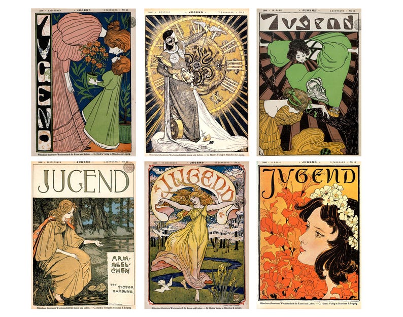 Set of 12 Jugendstil postcards featuring reprints of Art Nouveau illustrations and Jugend magazine covers, ideal for decor or gifting