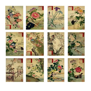 Lot de 12 cartes postales botaniques oiseaux vintage par Kono Bairei 1883 Mini-cartes d'art florales, cadeau pour les amoureux de la nature et les collectionneurs