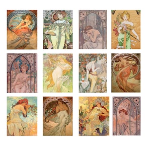 Ansichtkaarten Alphonse Mucha, vintage art nouveau vrouwen ansichtkaartenset, elegante kunstafdrukken, antieke illustratie set van 12, cadeau-idee voor haar