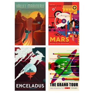 Four colorful space tourism posters with Mars, Enceladus, and Grand Tour themes in modern retro style