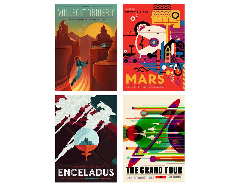 Four colorful space tourism posters with Mars, Enceladus, and Grand Tour themes in modern retro style
