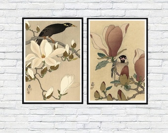 Ohara Koson Magnolia Bird Print Set of 2 Japanese Woodblock Wall Art Posters