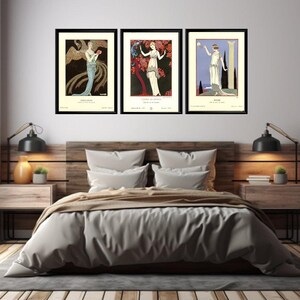 George Barbier print set featuring three elegant Gazette du Bon Ton Art Deco fashion illustrations in a vintage French style.
