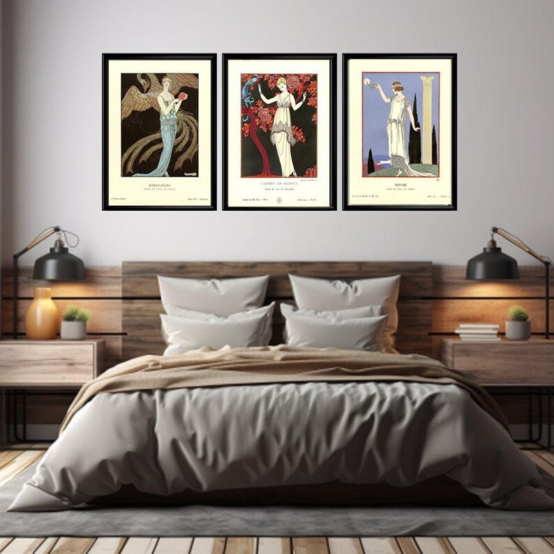George Barbier print set featuring three elegant Gazette du Bon Ton Art Deco fashion illustrations in a vintage French style.